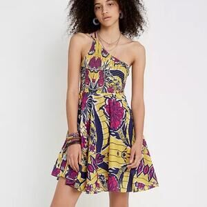 Urban Outfitters Yellow Blue Magenta Floral Halter One Shoulder Cotton Dress M